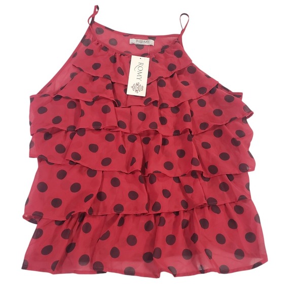Romy Tank Top Womens Red XL Spaghetti Strap Ruffled Polka Dot Lightweight Zipper - Picture 1 of 10